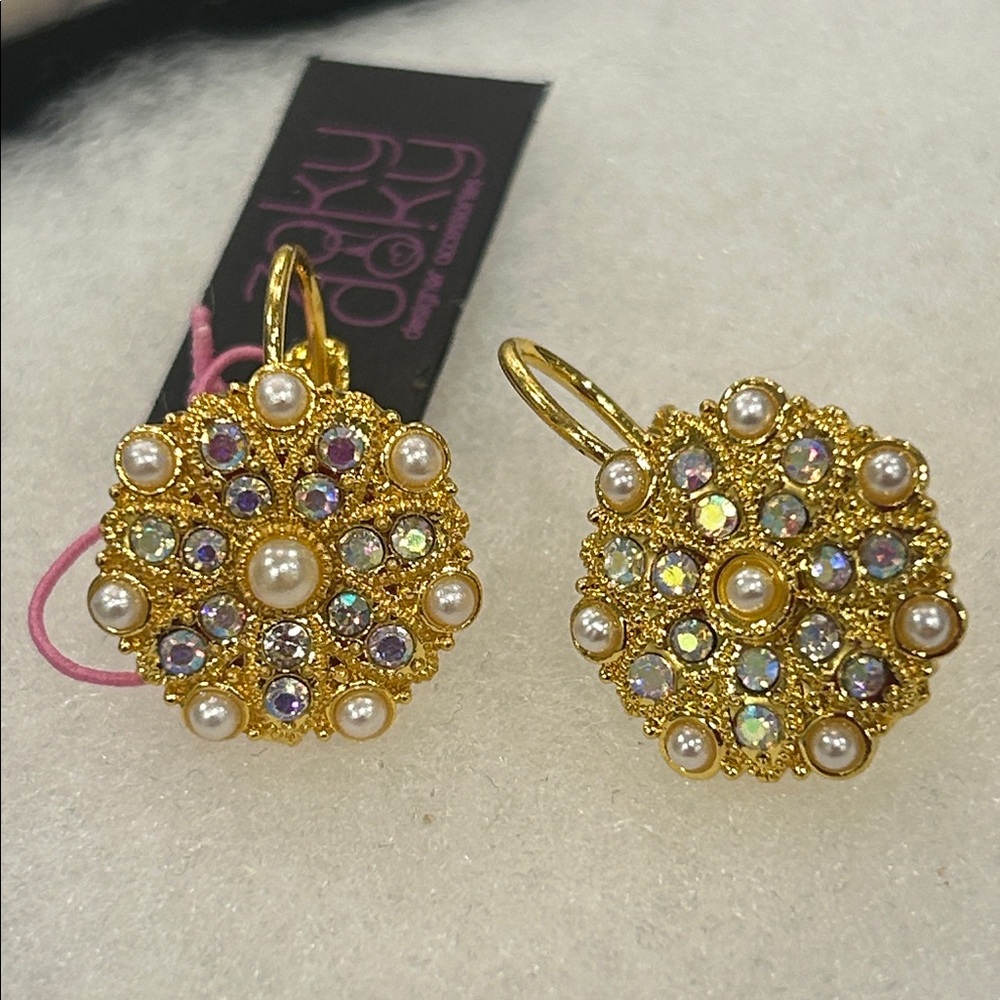Aurora Borealis & Seed Pearl Gold Shield Eurowire Earrings-NWT